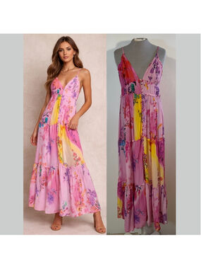Room 34 Pink Floral Maxi Dress Women's Medium Spaghetti Straps V-Neck Yellow